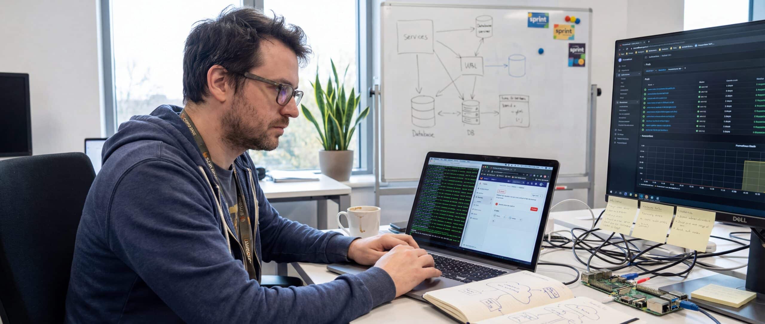 Un ingénieur DevOps travaillant sur un ordinateur portable dans un bureau moderne, avec plusieurs écrans affichant des données techniques.