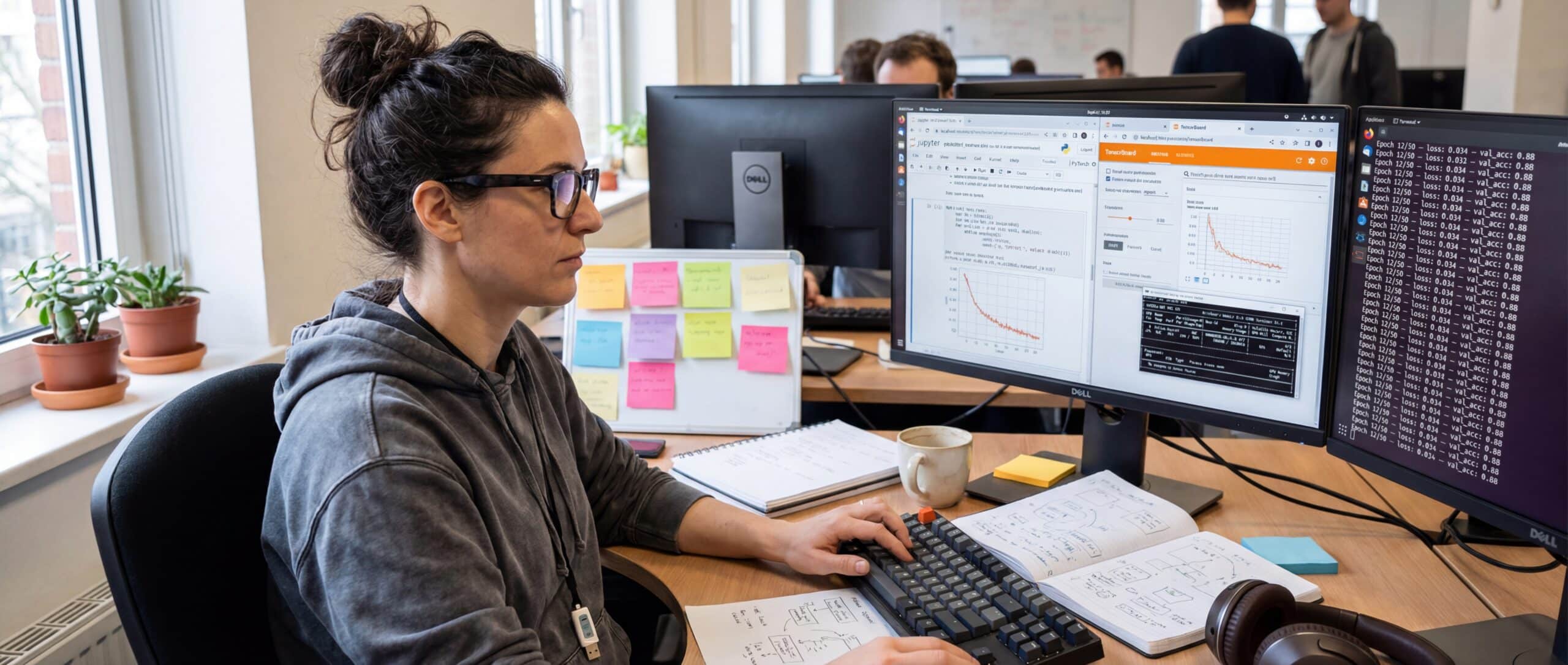 Une ingénieure en machine learning travaillant sur deux grands écrans, entourée de notes et de graphiques, illustrant la réalité du salaire des ML Engineers en France en 2025.