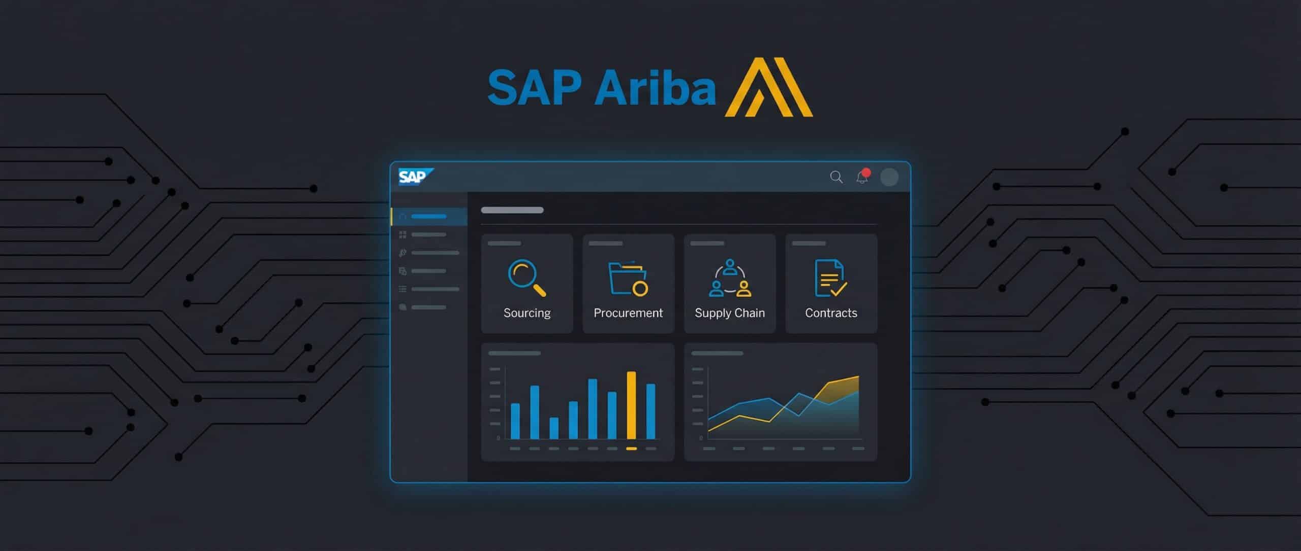 Interface du logiciel SAP Ariba affichant des graphiques et des outils d'analyse des données.