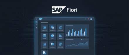 Interface de SAP Fiori montrant des graphiques et des icônes d'application sur un fond sombre.