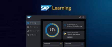 Capture d'écran du tableau de bord SAP Learning avec un indicateur de progression à 65%.