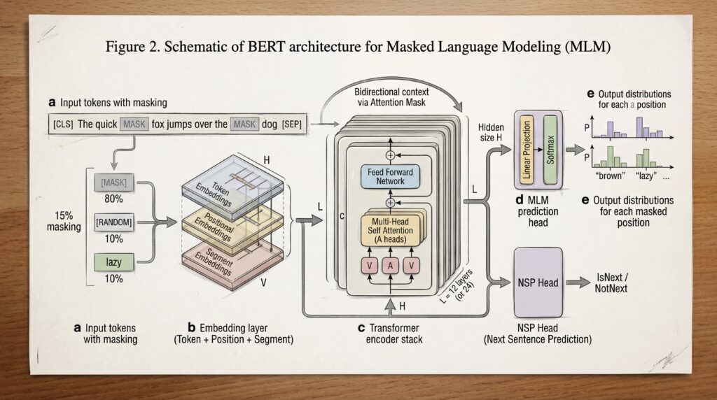 Schéma de l'architecture BERT pour la modélisation du langage masqué, illustrant les différentes étapes du traitement des entrées.