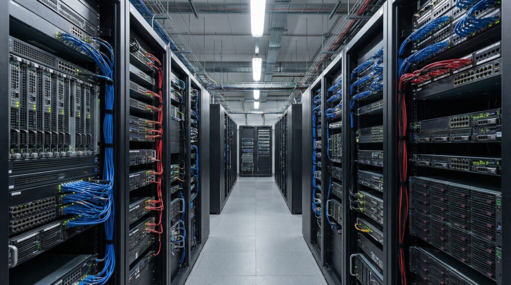 Vue intérieure d'un centre de données avec des rangées de serveurs et des câbles multicolores.