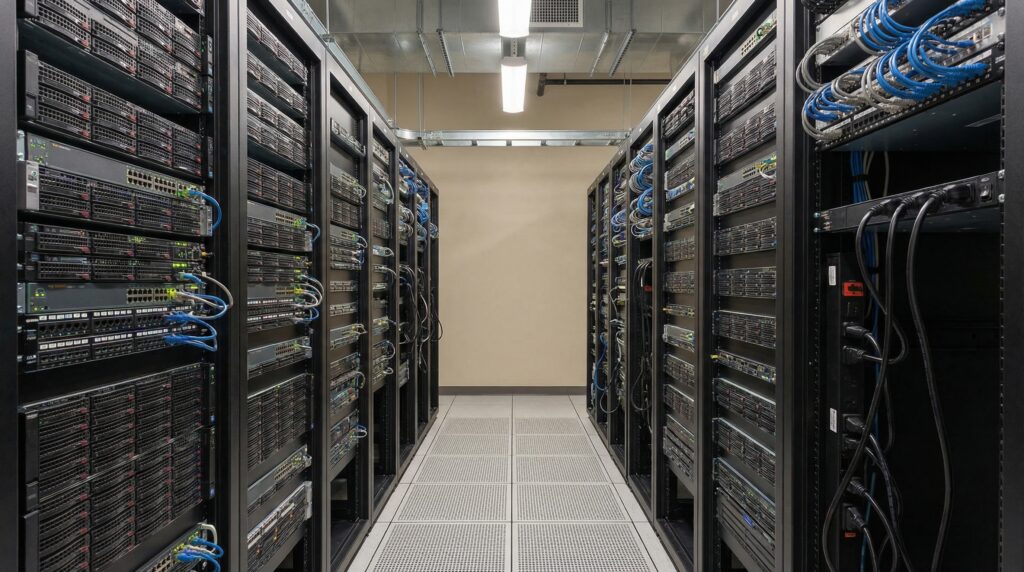 Vue intérieure d'un centre de données avec des serveurs alignés de part et d'autre.