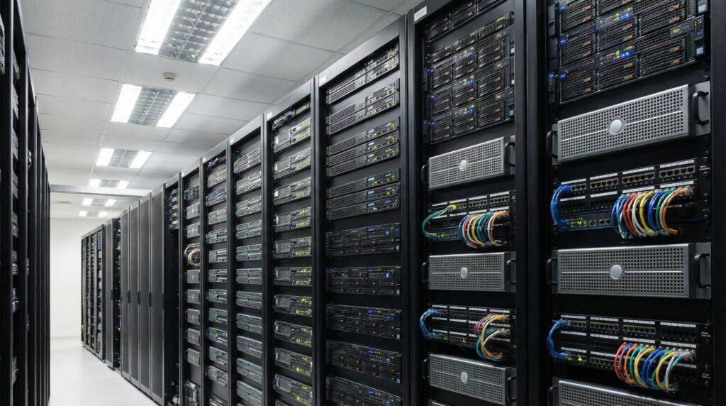 Vue intérieure d'un centre de données avec des serveurs organisés en rangées, illuminé par un éclairage fluorescent.