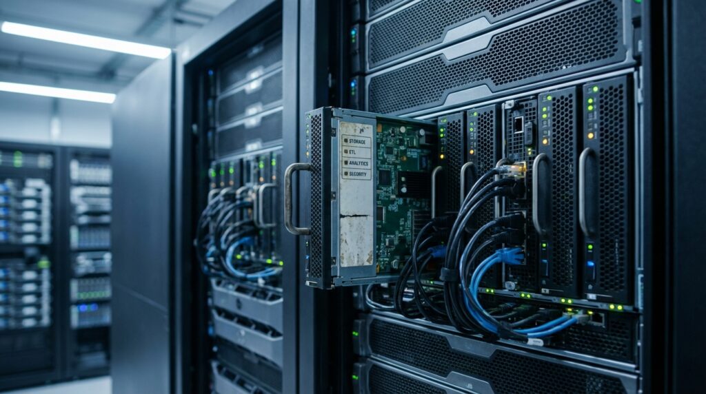 Vue intérieure d'un data center avec des serveurs et des câbles en arrière-plan.