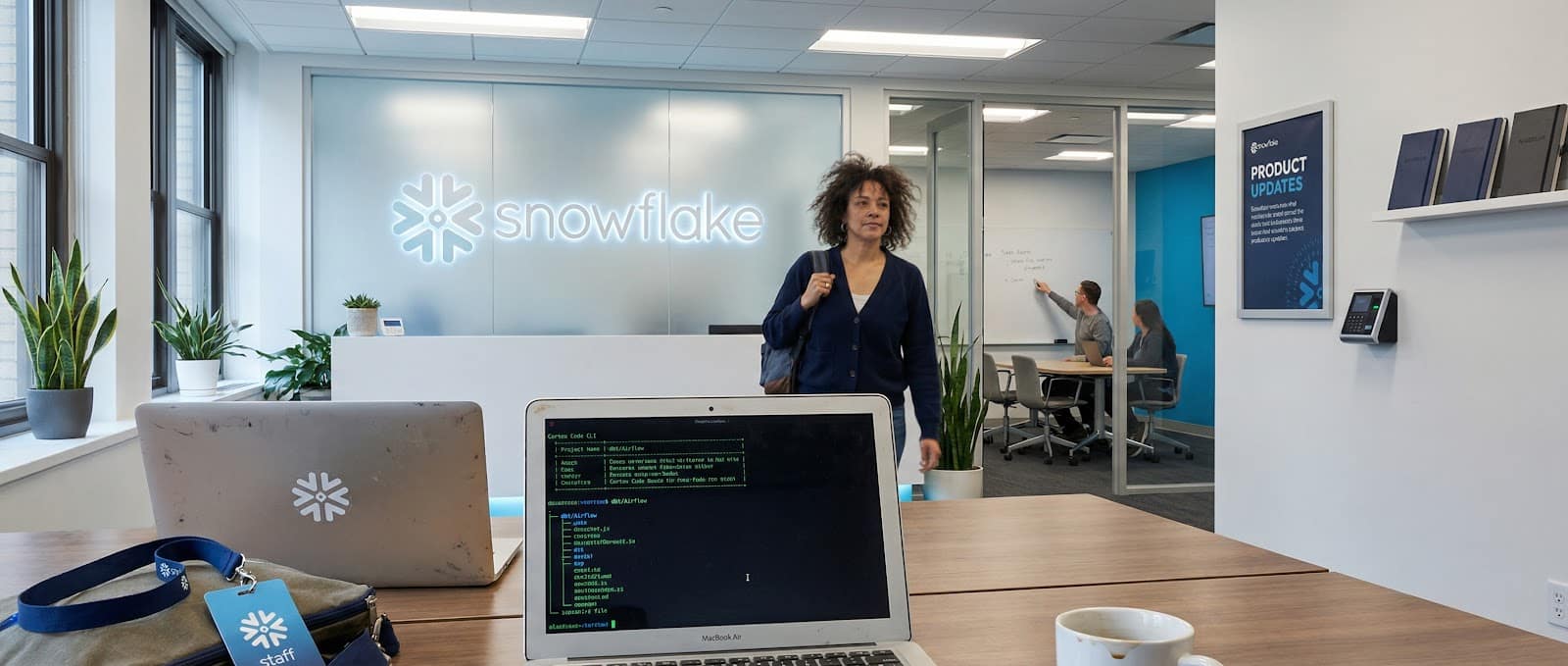 Un environnement de bureau montrant une femme qui se dirige vers un poste équipé d’un ordinateur portable affichant du code, mettant en valeur la marque Snowflake dans un espace de travail moderne.