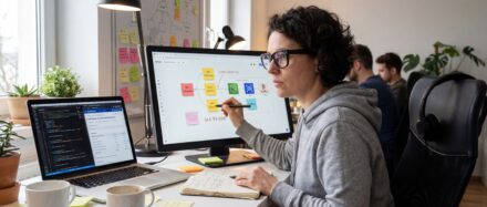 Une professionnelle en train de travailler sur un projet, utilisant un ordinateur et prenant des notes, avec des post-it colorés visibles à l'écran.