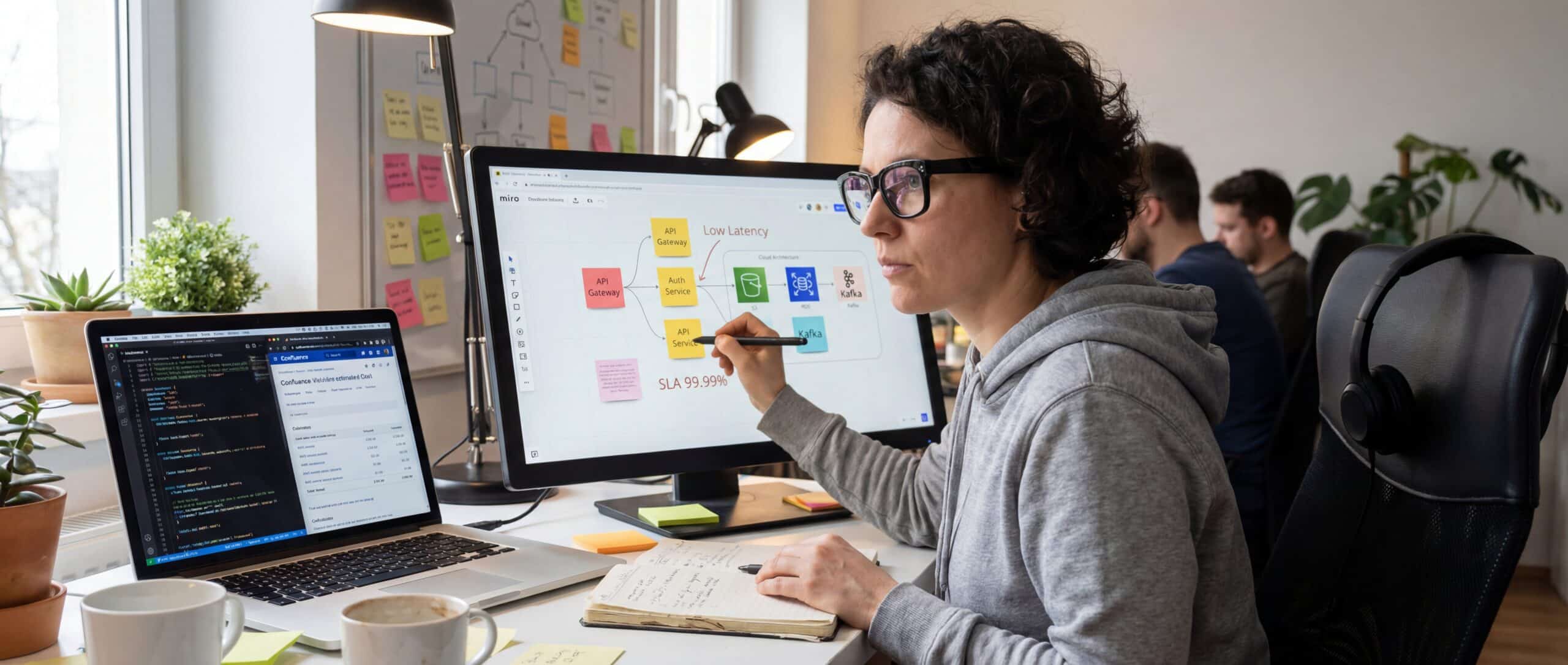 Une professionnelle en train de travailler sur un projet, utilisant un ordinateur et prenant des notes, avec des post-it colorés visibles à l'écran.