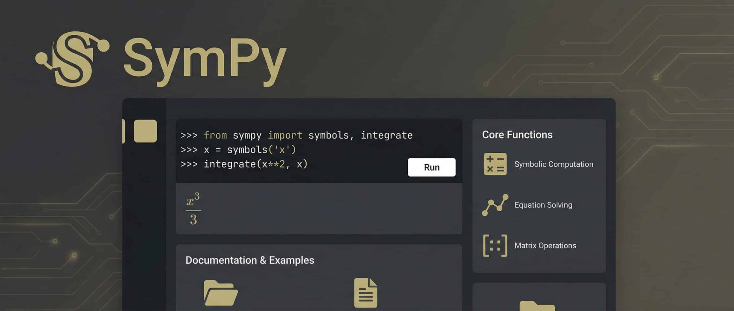 Interface de la bibliothèque Python SymPy avec du code affiché pour le calcul symbolique.