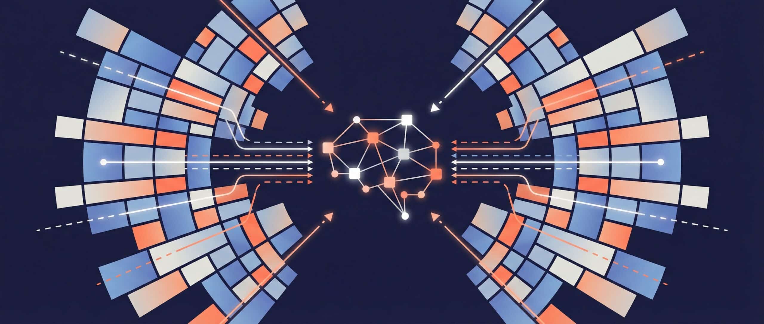 Image représentant une visualisation graphique complexe symbolisant l'intelligence artificielle et le raisonnement humain à travers des motifs colorés.