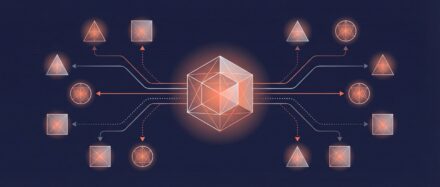 Illustration d'un réseau complexe avec des formes géométriques interconnectées, représentant un système d'exploitation réseau.