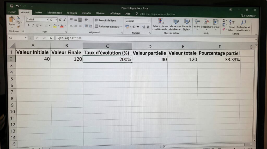 Capture d'écran d'un tableau Excel montrant des valeurs numériques et des pourcentages pour une analyse de données.