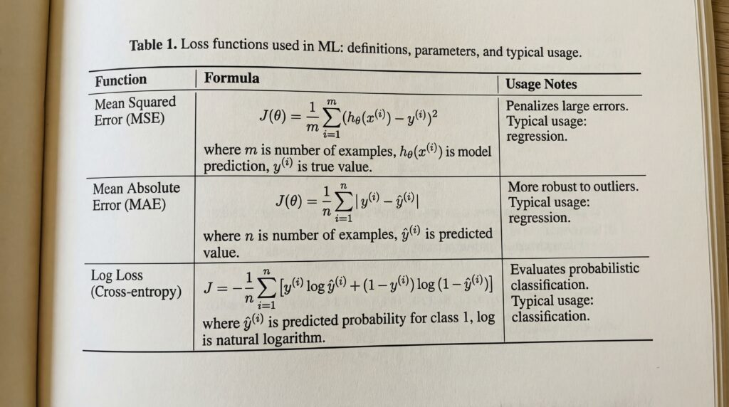 Tableau des fonctions de perte utilisées en apprentissage automatique, incluant les définitions, paramètres et usages typiques.