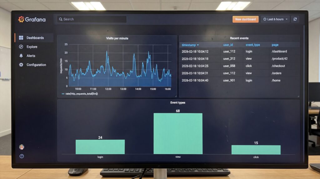 Tableau de bord d'analytics Grafana affichant des graphiques de performance et des statistiques sur un écran.