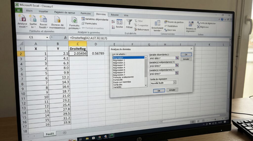 Écran montrant un tableau Excel avec des données et une fenêtre de configuration pour une analyse.