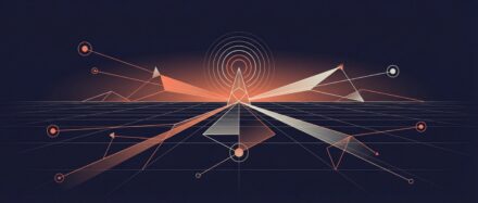 Illustration graphique représentant des symboles liés aux télécommunications et aux réseaux, avec des vagues et des lignes reliant des points lumineux.