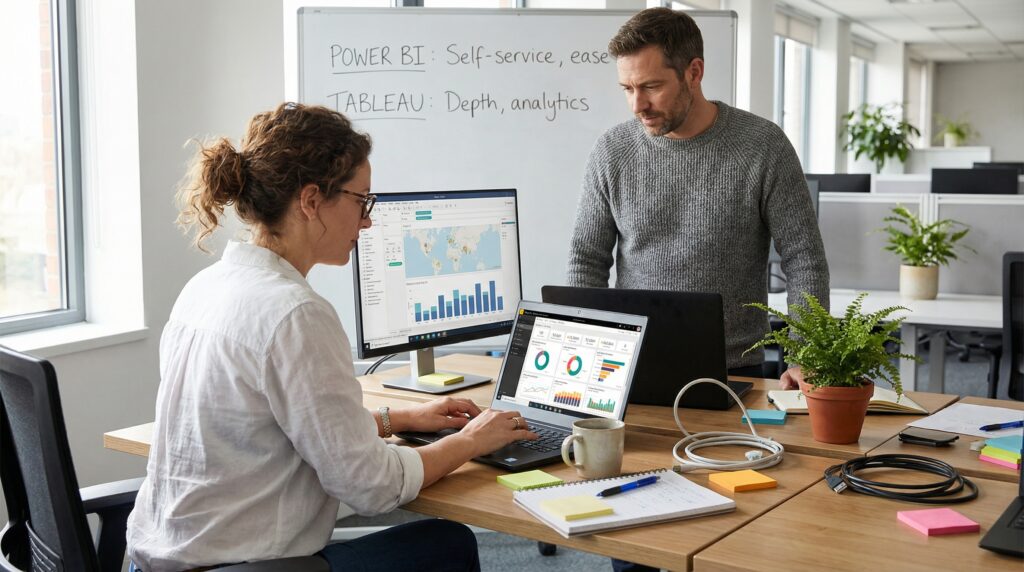 Deux professionnels travaillant ensemble dans un bureau moderne, examinant des graphiques et des données sur des ordinateurs portables.