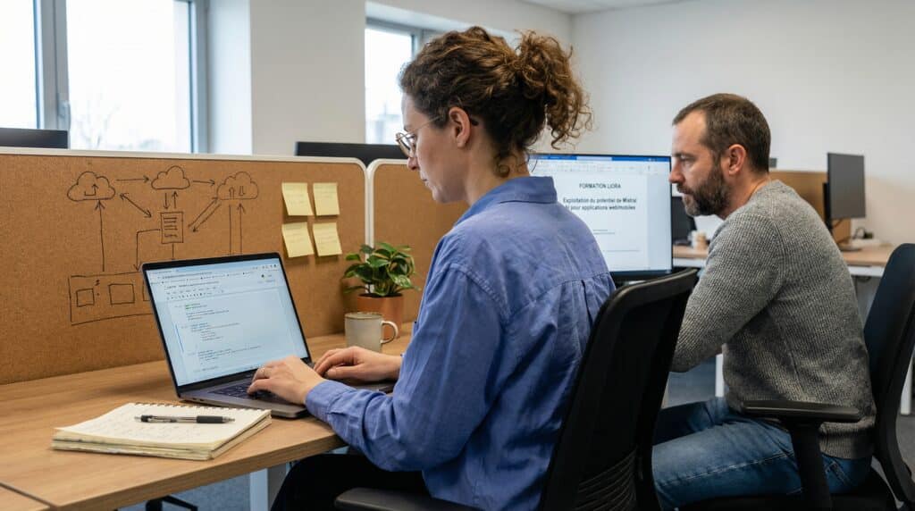 Deux collaborateurs travaillant sur des ordinateurs dans un bureau moderne, l'un codant et l'autre rédigeant des documents.