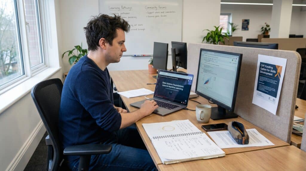 Un homme assis à un bureau, travaillant sur un ordinateur portable avec un écran supplémentaire, entouré de documents et de plantes.