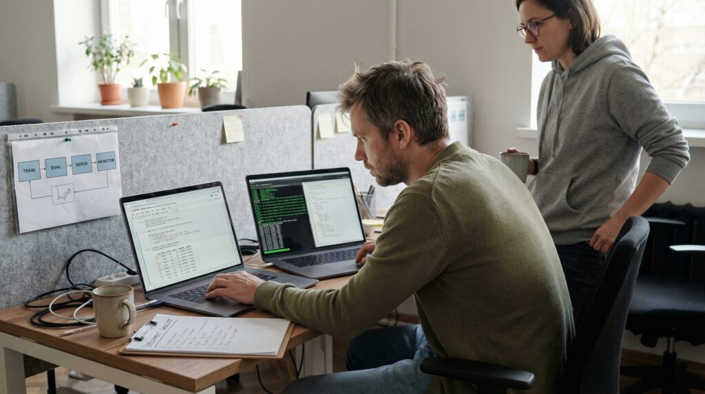 Deux personnes travaillant ensemble dans un bureau, l'une analysant des données sur un ordinateur portable tandis que l'autre observe.