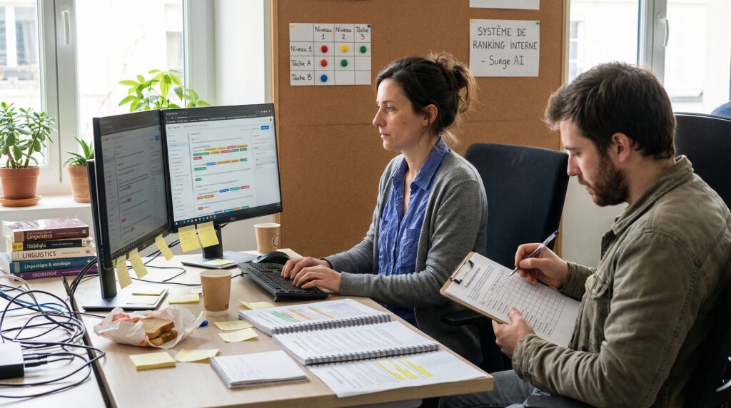 Deux collègues travaillant dans un bureau, l'un utilisant un ordinateur et l'autre prenant des notes, avec des documents et une tasse de café sur la table.