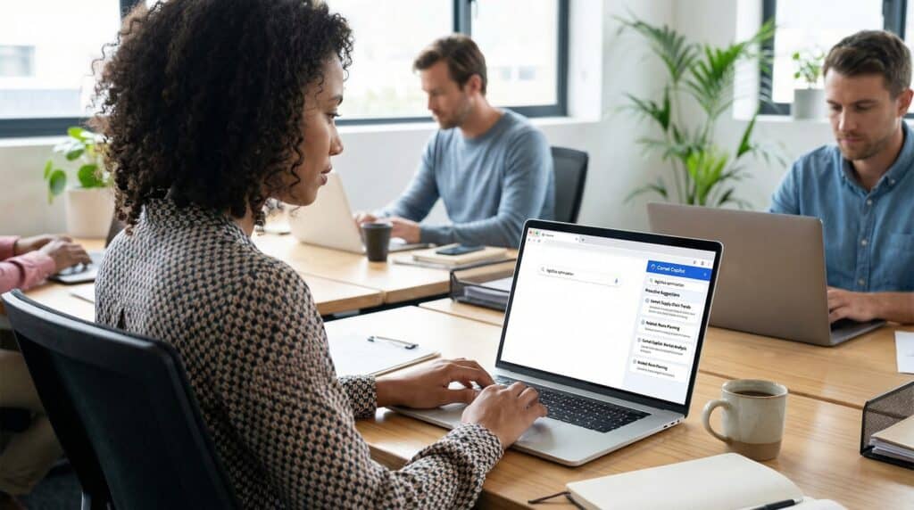 Une femme travaillant sur un ordinateur portable dans un bureau, entourée de collègues concentrés sur leurs ordinateurs.