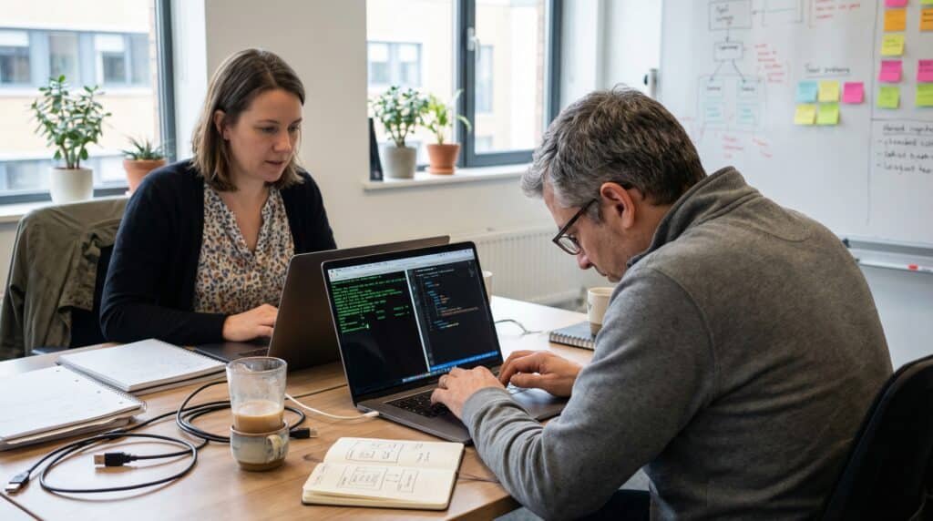 Deux personnes travaillant dans un bureau, l'une utilisant un ordinateur portable avec du code à l'écran, l'autre concentrée sur son propre ordinateur.