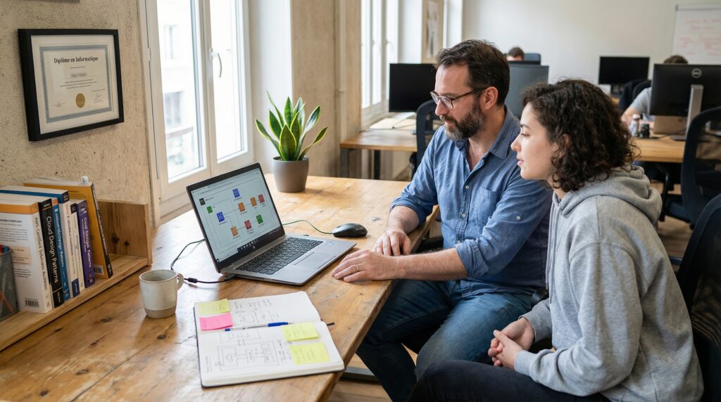 Un homme et une femme collaborant sur un ordinateur portable avec des graphiques affichés, discutant d'une présentation dans un bureau lumineux.