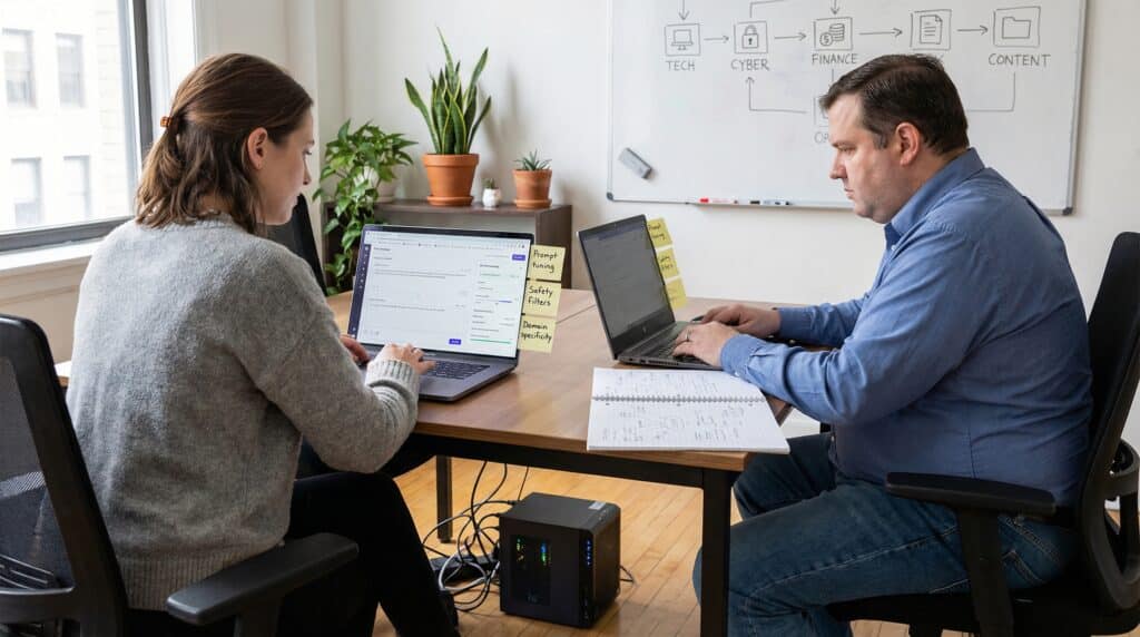 Deux professionnels travaillant ensemble dans un bureau, utilisant des ordinateurs portables et des documents sur une table.