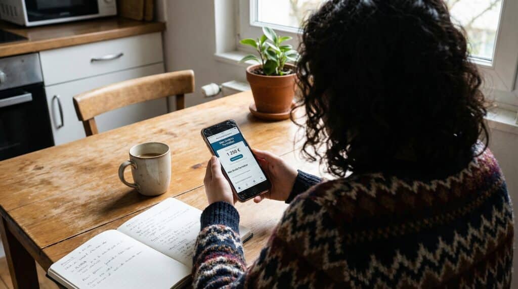 Une personne utilisant un smartphone tout en écrivant dans un carnet sur une table en bois, avec une tasse de café et une plante en pot en arrière-plan.