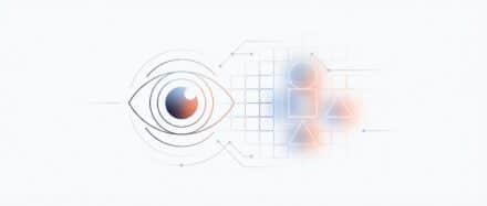 Illustration représentant l'application de la vision par ordinateur avec des formes géométriques et un œil stylisé.