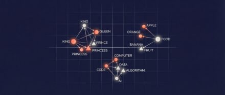 Visualisation de mots dans un espace vectoriel illustrant le modèle Word2vec, montrant des relations entre des termes comme 'roi', 'reine' et 'ordinateur'.