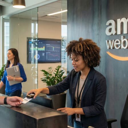 Un visiteur s'enregistre à la réception des bureaux d'Amazon Web Services, auprès d'une réceptionniste sympathique au comptoir.