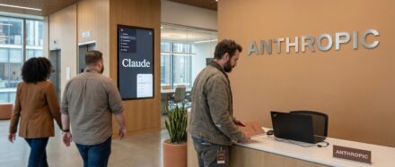 Des personnes entrant dans les locaux d'Anthropic, où se déroulent des discussions sur la sécurité nationale de l'IA.