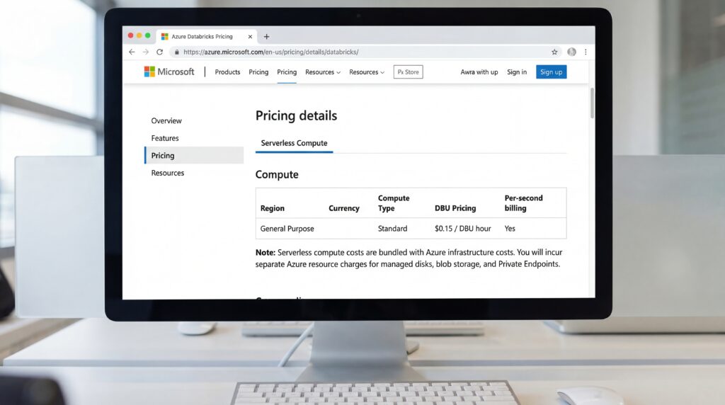 Capture d'écran des détails de tarification d'Azure Databricks pour les workspaces serverless, affichés sur un écran d'ordinateur.