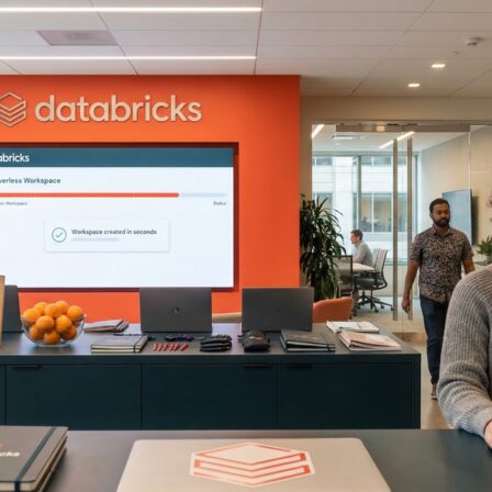 Un espace de travail moderne présentant un environnement Databricks, avec une femme travaillant sur un ordinateur portable et un arrière-plan orange vif affichant des données analytiques.
