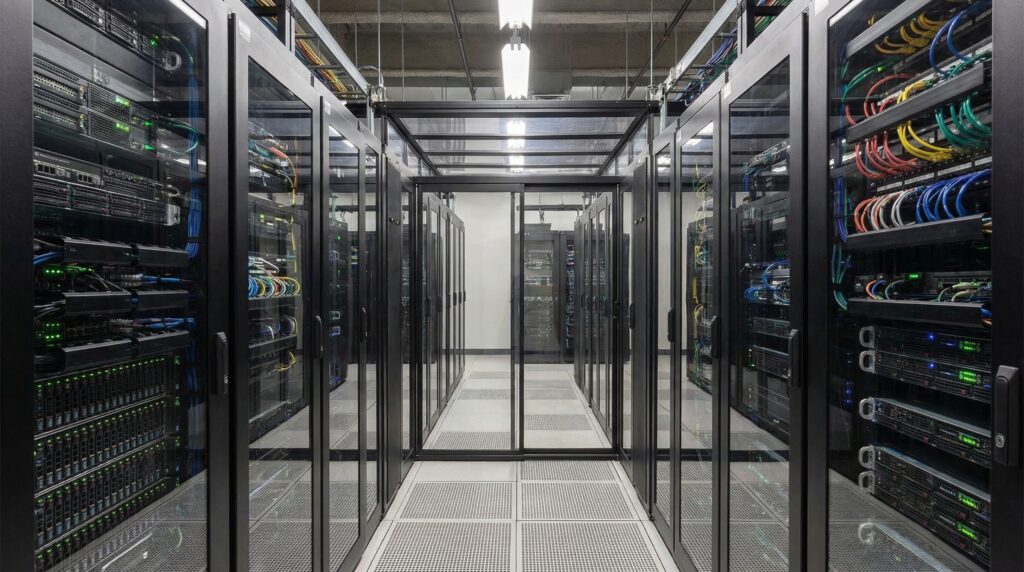 Vue intérieure d'un data center dévoilant des rangées de baies de serveurs avec des câbles colorés.