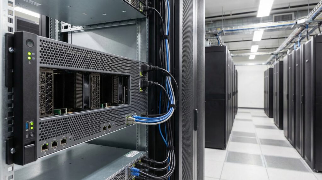 Vue des baies de serveurs dans un centre de données moderne, mettant en valeur les équipements réseau et l'infrastructure.