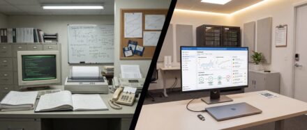 Une image divisée illustrant, à gauche, un bureau ancien doté d'une technologie d'époque, et, à droite, un espace de travail moderne équipé d'un matériel informatique perfectionné.