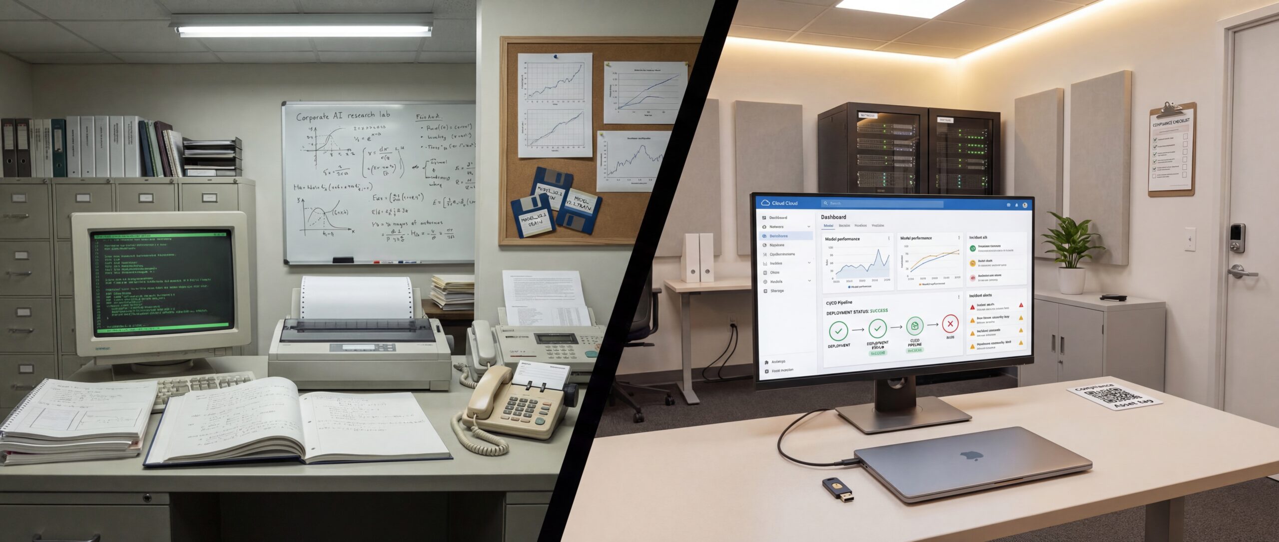 Une image divisée illustrant, à gauche, un bureau ancien doté d'une technologie d'époque, et, à droite, un espace de travail moderne équipé d'un matériel informatique perfectionné.