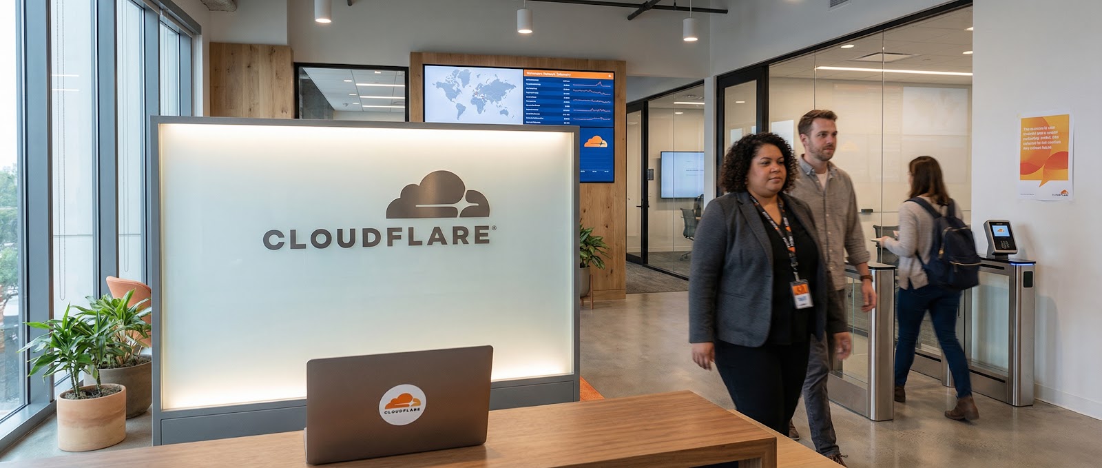 Zone d'accueil des bureaux Cloudflare avec des employés qui passent et un comptoir affichant la marque en évidence.
