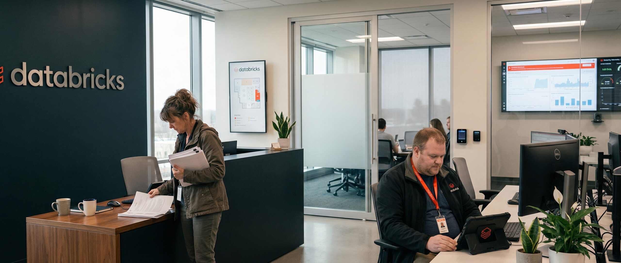 Un espace de bureau moderne chez Databricks montrant des collaborateurs affairés à leurs postes de travail, mettant l'accent sur le travail d'équipe et la technologie.