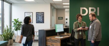 Trois personnes échangent dans un espace de travail moderne au sein de DRI, à propos de technologies et d'innovations liées à une nouvelle alternative de cloud souverain.