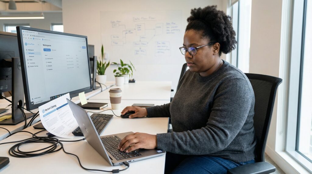 Une femme concentrée sur son ordinateur portable dans un espace de travail moderne, avec deux grands écrans visibles et une tasse de café sur le bureau.