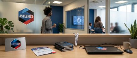Un environnement de bureau moderne où l'on voit une personne suivre une présentation, avec le logo de l'entreprise visible sur le mur et un bureau équipé de cahiers et d'un ordinateur portable.