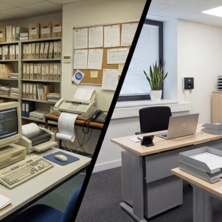 Vue scindée de deux espaces de travail, montrant des technologies plus anciennes à gauche et des configurations numériques modernes à droite.