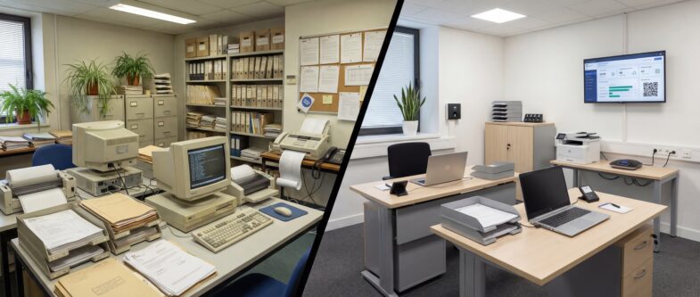 Vue scindée de deux espaces de travail, montrant des technologies plus anciennes à gauche et des configurations numériques modernes à droite.