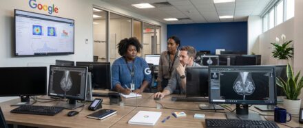 Trois professionnels analysant des données de dépistage du cancer du sein sur des écrans d'ordinateur dans un bureau de Google.