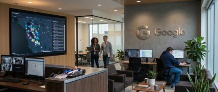 À l'intérieur d'un bureau de Google, où les employés collaborent devant un grand écran affichant des données cartographiques, en lien avec l'IA et la prédiction des catastrophes naturelles.